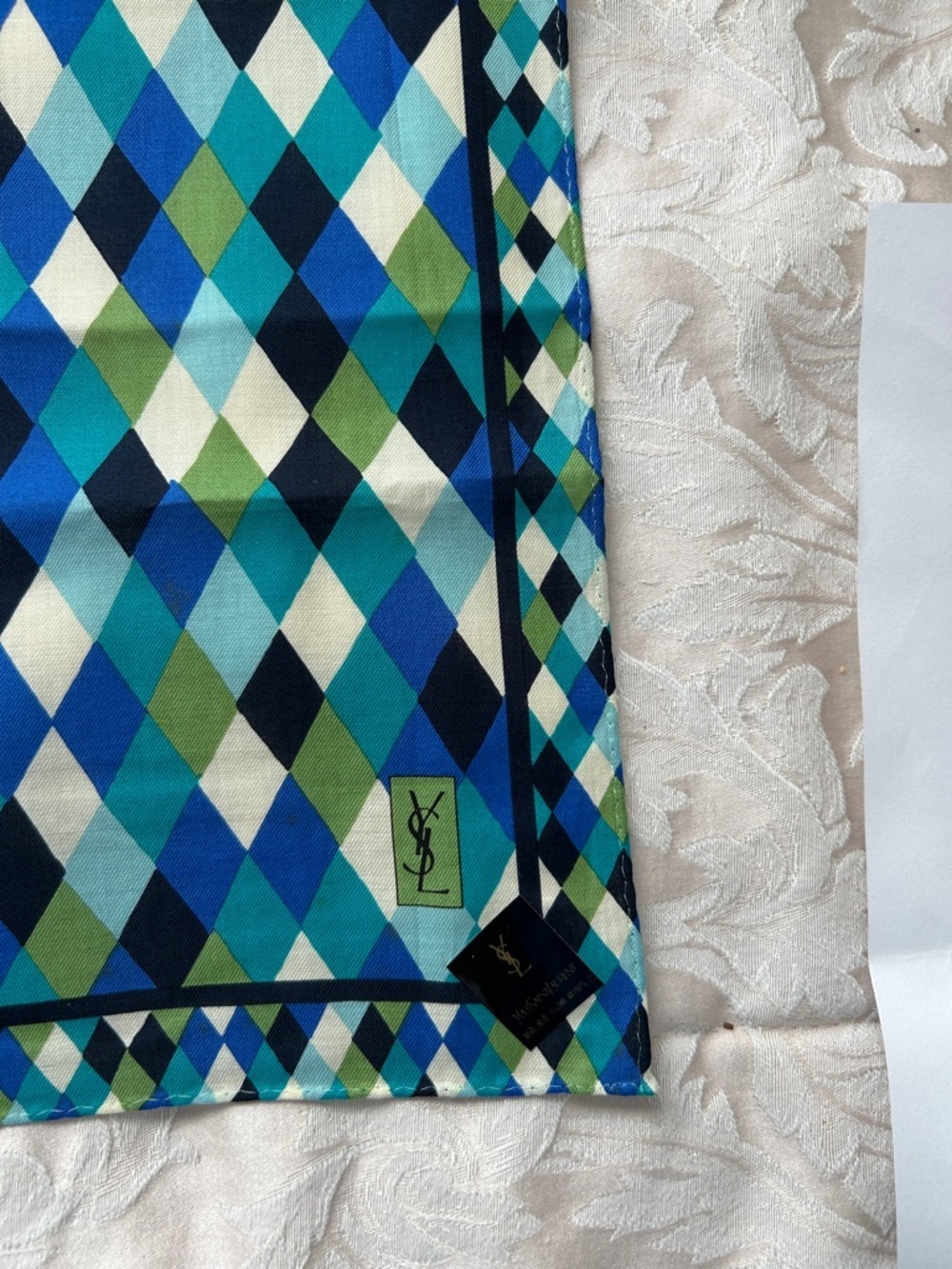 7035. Yves Saint Laurent Vintage Blue, Teal, Green & Black Diamond Scarf. COA. - Picture 3 of 6